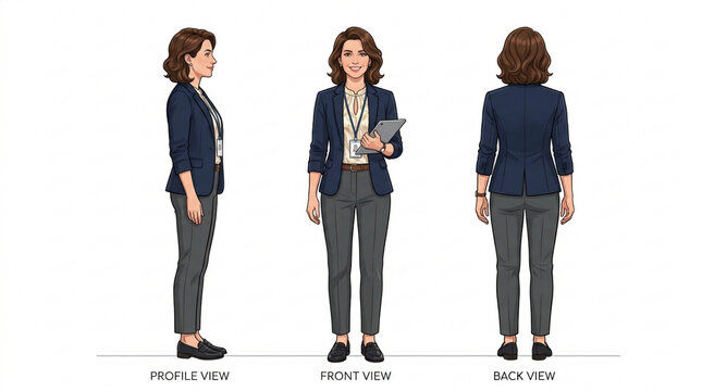 Businesswoman character design sheet, front back side profile view, corporate female worker outfit sheet concept, vector isolated on transparent background