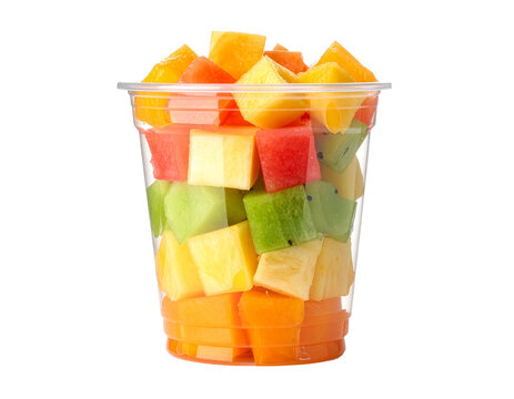 Frisch geschnittener Obstsalat im To-Go-Becher isoliert auf transparentem Hintergrund