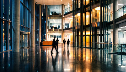 Fototapeta premium Modern office building interior with sleek glass architecture. Reflections on polished floors, illuminated workspaces, and people walking through the space.