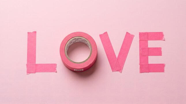 Pink adhesive tape arranged to spell &ldquo;LOVE,&rdquo; symbolizing affection, relationships, and creative expression