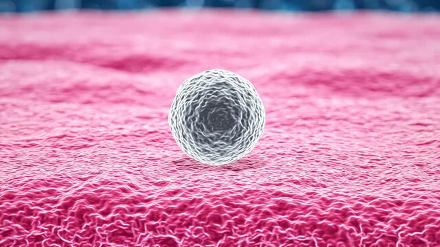 One spherical immune cell slowly moving toward and gently contacting a stable healthy tissue surface