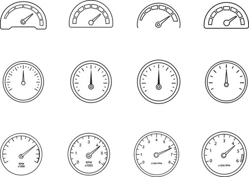 Black speedometer gauge icon set with car dials for speed, fuel, RPM, tachometer and dashboards.