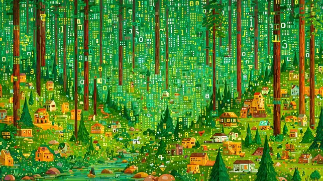 forest where glowing data trees and artificial intelligence ecosystems blend nature with futuristic technology