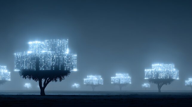 forest where glowing data trees and artificial intelligence ecosystems blend nature with futuristic technology