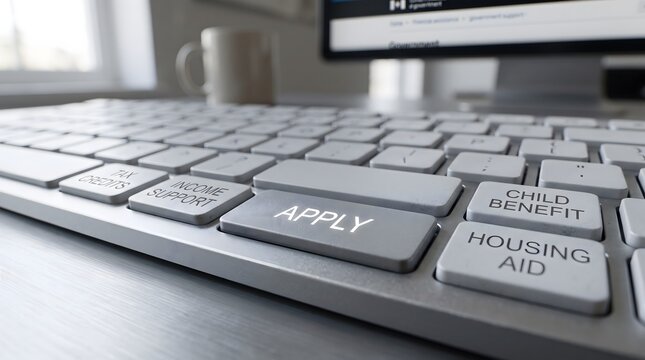 Keyboard keys displaying financial assistance programs and tax benefits, highlighting online applications for government support
