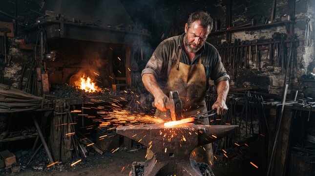 Traditional blacksmith forging hot iron in rustic workshop. Metalworker hammering glowing steel on anvil creates sparks. Artisan crafting in industrial environment.