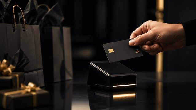 Customer making a contactless payment with a black credit card at a luxury retail store terminal