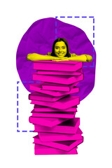 Fototapeta premium Trend image vertical photo collage of happy student girl peek book stack education concept reader hobby bookworm magazine