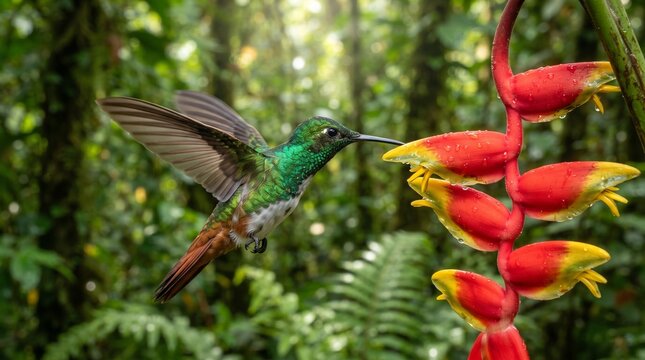 Vibrant male Green-breasted Mango hummingbird hovering near exotic red heliconia flower, tropical bird wildlife, lush background, nature, flight, detailed feathers, vibrant colors, rainforest