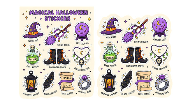 Magical halloween sticker set witch hat broom crystal ball potion enchanted boots for crafting and decoration.