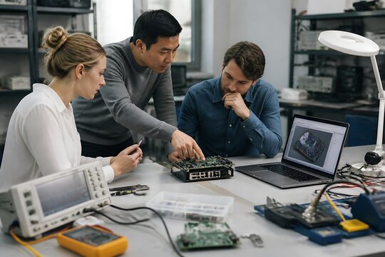 Diverse engineering team collaborating on electronic circuit board design in laboratory