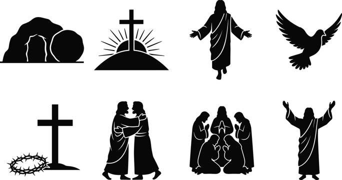 Christian Faith Silhouette Collection Featuring Cross, Resurrection, Jesus, Dove, and Prayer Scenes