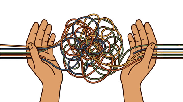Two hands holding unraveling messy thread loop on white background, concept of support and solving mental challenges