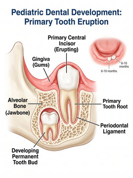 Scientific medical infographic illustrating pediatric dental development, primary central incisor eruption, and permanent tooth bud anatomy.