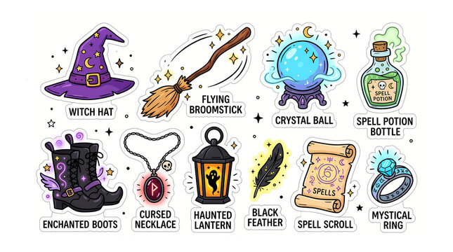Mystical witch and wizard accessories with magical objects for halloween costume parties.