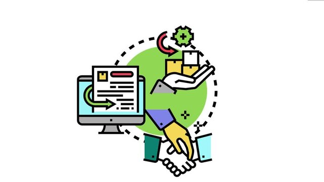 Business acknowledgment concept featuring an online document, a handshake, and a hand receiving packages, processes of success, confirmation, and gratitude in partnerships