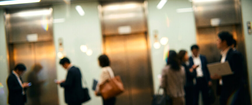 A bustling urban setting with a group of professionals waiting by elevator doors in a corporate environment. The atmosphere captures a moment of anticipation.
