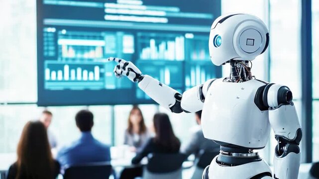 White robot presenting financial charts and data on large screen to corporate audience. AI in business, data analysis, corporate training, future technology concept