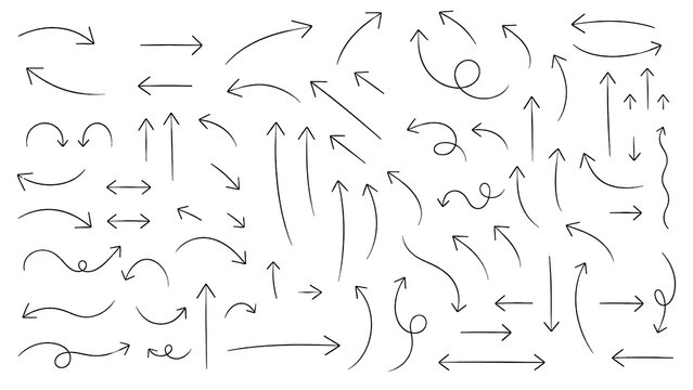Hand Drawn Black Directional Arrow Set, Curved and Straight Sketch Arrows Collection