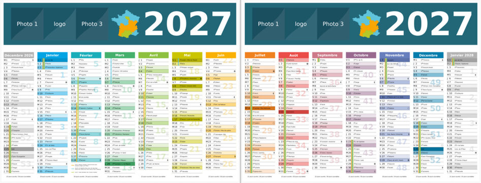 Avec vacances 2027 - Calendrier 2027 14 mois au format 320 x 420 mm recto verso enti&egrave;rement modifiable via calques et texte sans serif