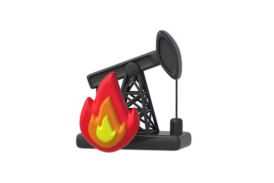 Fossil fuel infrastructure investment risks. Global oil market meltdown. Technological process of associated gas utilization. Drilling rig beside fire isolated on white background. 3d render
