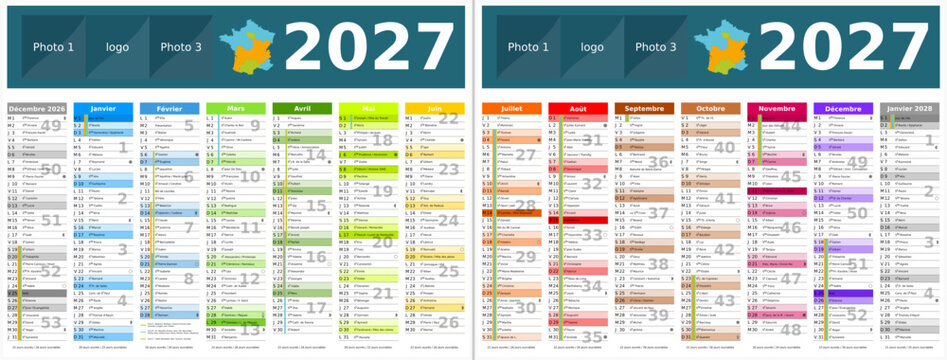 Avec vacances 2027 - Calendrier 2027 14 mois au format 320 x 420 mm recto verso enti&egrave;rement modifiable via calques et texte sans serif