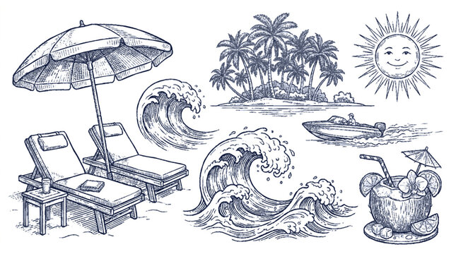 Hand drawn summer vacation elements collection featuring tropical island scenes with refreshing drinks with illustrations with drawn vector