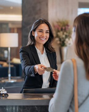 Hotel receptionist assisting a guest with check-in at a bright contemporary front desk, capturing professional hospitality, travel service and welcoming customer care.