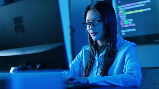 Smiling Asian female programmer coding on computer at night in a dark office. Dedicated software engineer working late, illuminated by blue screen light. IT, tech development, and cyber concept.
