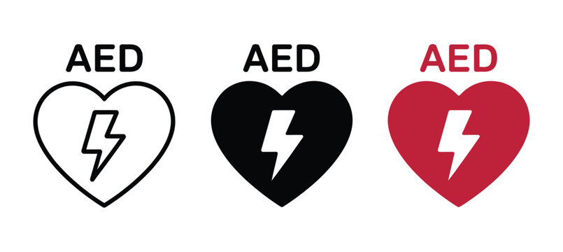 AED heart icon with lightning bolt symbol for defibrillator and emergency medical care, cardiac resuscitation, first aid, and healthcare safety