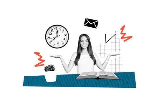 Composite photo collage of happy girl show checkmark flower pot alarm deadline regime book novel reader isolated on painted background