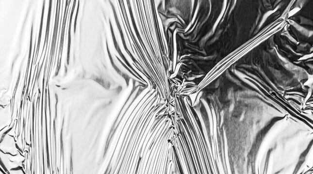 Abstract black and white metallic foil texture with crumpled reflective folds and highlights