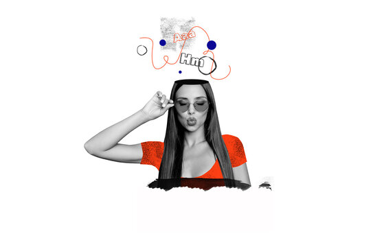 Composite photo collage of hesitate girl cut head think solution unsure decision concept hmm pouted lips isolated on painted background