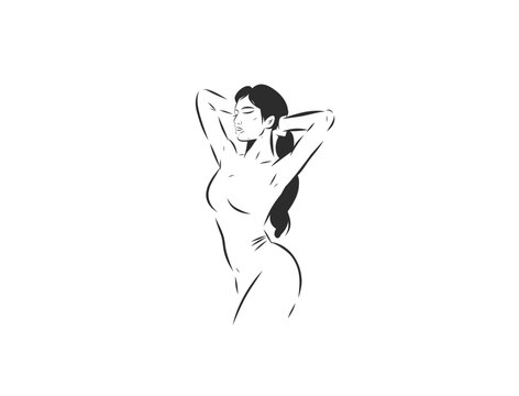 Nude Woman with Closed Eyes, Self Acceptance and Emotional Vulnerability, Mental Health, Body Positivity, Self Love, Inner Healing and Feminine Wellness Line Art Illustration