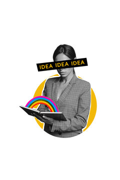 Vertical photo collage of serious girl read planner business idea finding inspiration rainbow lgbt sign plan isolated on painted background