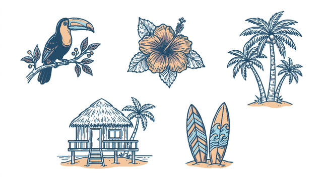 Tropical island elements collection featuring toucan flower palm trees beach hut and surfboards hand drawn vector illustration set