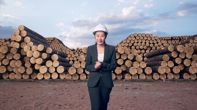 Front View of Asian Businesswoman Walking and Speech with Stacked timber logs pile at outdoor lumber yard