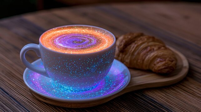 Cosmic Galaxy Latte Art Coffee with Croissant on Wooden Table