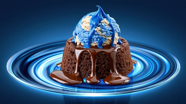 Decadent Chocolate Lava Cake with Blue and Vanilla Ice Cream Drizzled with Chocolate Sauce on a Swirling Blue Plate