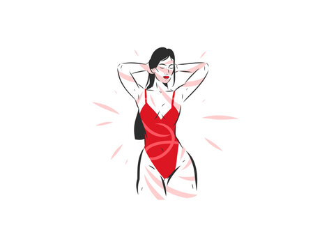 Confident Woman in Red Bodysuit, Self Love and Body Positivity, Feminine Energy, Emotional Wellness, Mental Health, Inner Balance and Female Empowerment Vector Illustration