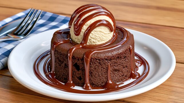 Decadent Chocolate Lava Cake with Vanilla Ice Cream and Chocolate Drizzle