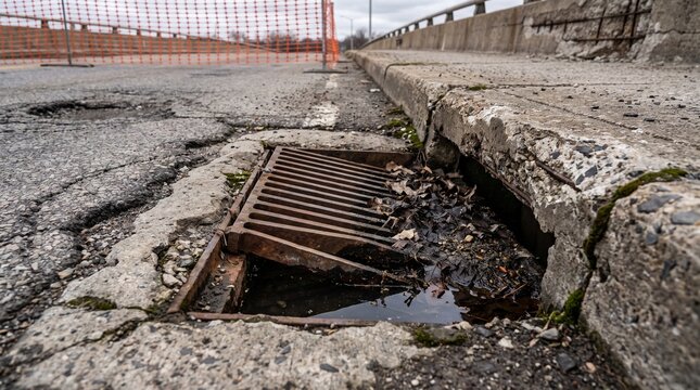 Clogged bridge drain on a deteriorating concrete deck edge