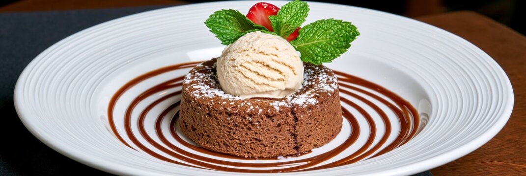 Decadent Chocolate Lava Cake with Vanilla Ice Cream and Strawberry Garnish on a White Plate