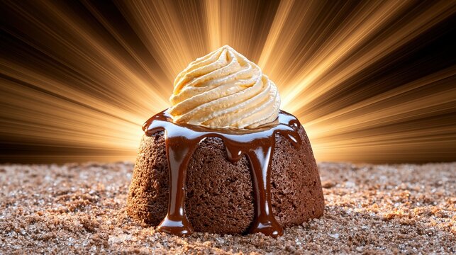 Decadent Chocolate Lava Cake with Whipped Cream and Chocolate Drizzle on a Bed of Sugar