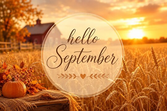 Hello September autumn harvest field with pumpkin at sunset