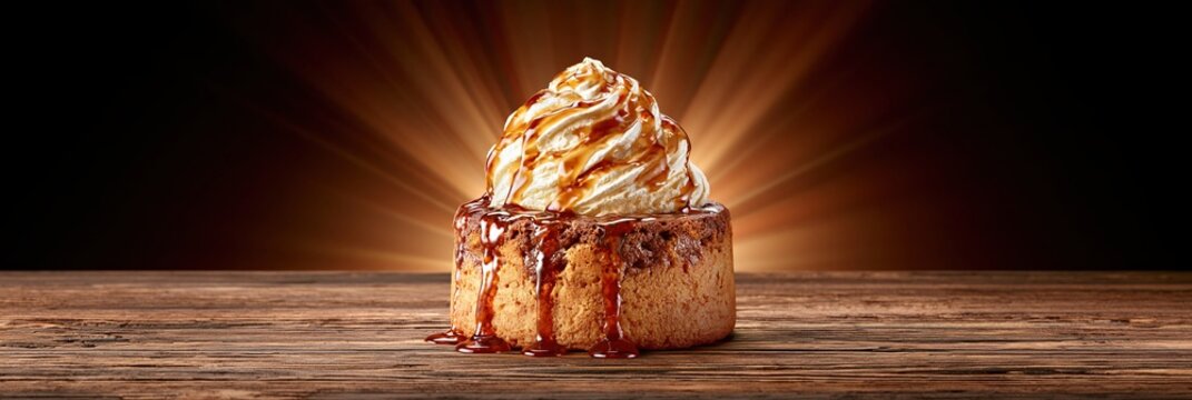 Delicious caramel cake topped with whipped cream and caramel drizzle on a wooden table