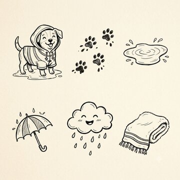 hand drawn vector illustration of a rainy season pet doodles