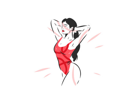 Confident Woman in Red Bodysuit Posing with Closed Eyes, Female Empowerment, Self Love, Body Confidence, Emotional Wellbeing, Mental Wellness and Feminine Energy Vector Illustration