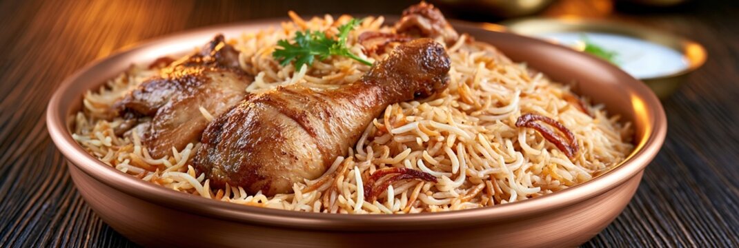 Delicious Chicken Biryani served in a copper bowl on a wooden table, close-up shot