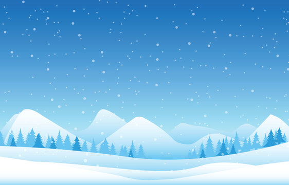 Winter Snowy Mountain Landscape, Snowflakes and Winter background
